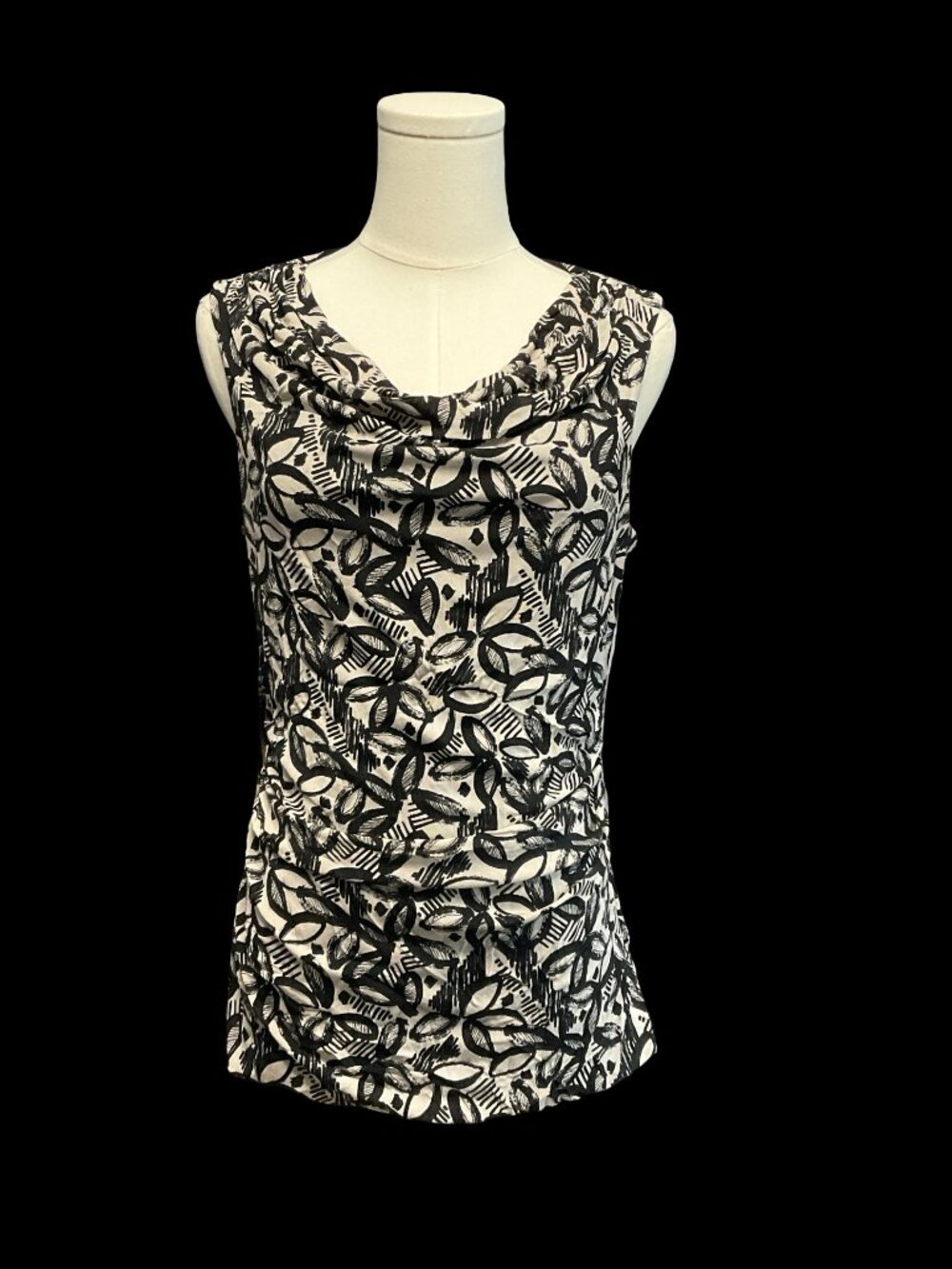 Beige/Black Floral Print Sleeveless Top w/ Cowl Neck